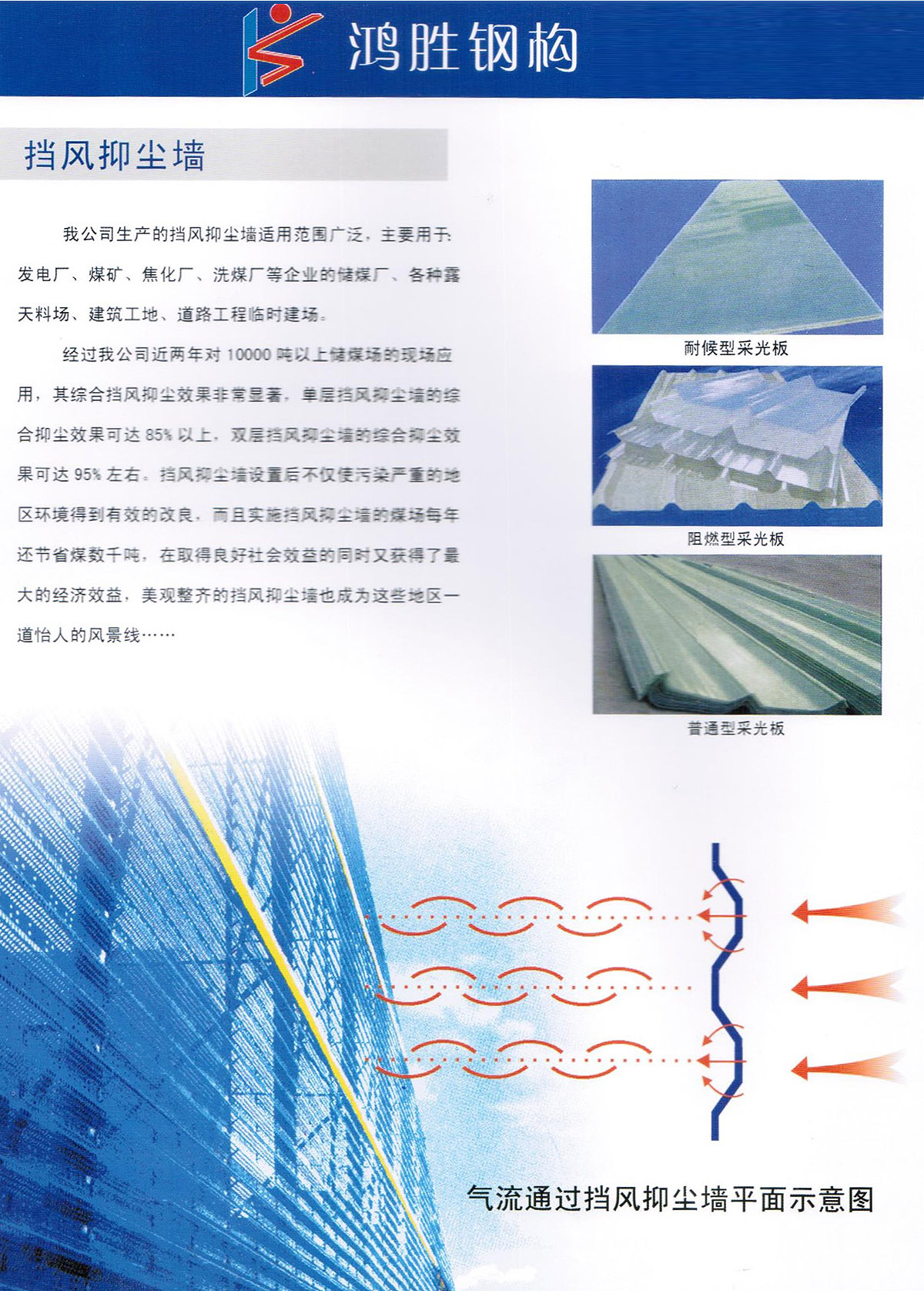 我公司生產(chǎn)的擋風(fēng)抑塵墻適用范圍廣泛，主要用于 發(fā)電廠、煤礦、焦化廠、洗煤廠等企業(yè)的儲(chǔ)煤廠、各種露天料場(chǎng)、建筑工地、道路工程臨時(shí)建場(chǎng)。
