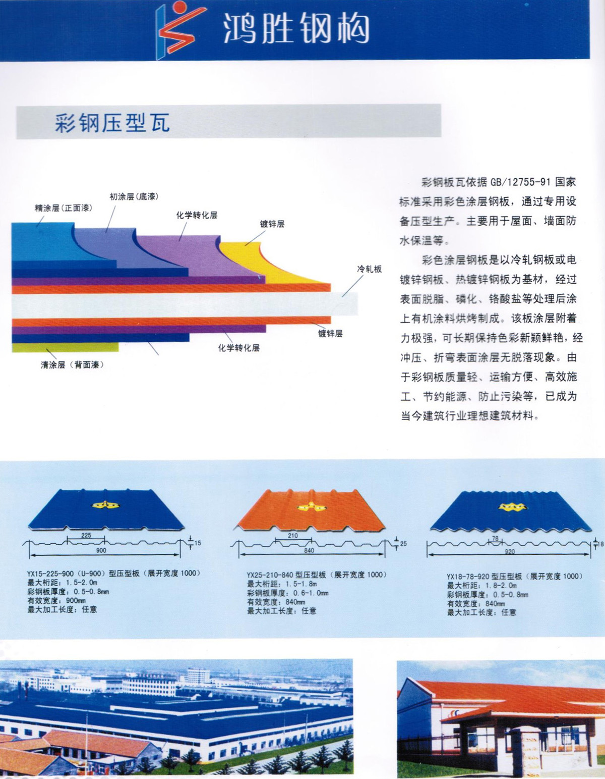 彩鋼板瓦依據(jù) GB/12755-91 國家標(biāo)準(zhǔn)采用彩色涂層鋼板，通過專用設(shè)備壓型生產(chǎn)。主要用于屋面、墻面防水保溫等。 彩色涂層鋼板是以冷軋鋼板或電鍍鋅鋼板、熱鍍鋅鋼板為基材，經(jīng)過表面脫脂、磷化、鉻酸鹽等處理后涂上有機(jī)涂料烘烤制成。該板涂層附著力極強(qiáng)，可長(zhǎng)期保持色彩新穎鮮艷，經(jīng)沖壓、折彎表面涂層無脫落現(xiàn)象。由于彩鋼板質(zhì)量輕、運(yùn)輸方便、高效施工、節(jié)約能源、防止污染等，已成為當(dāng)今建筑行業(yè)理想建筑材料。